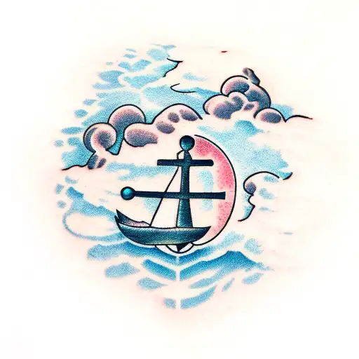 cross witch turns into a anchor but with clouds and water hiding the transition  tattoo design idea