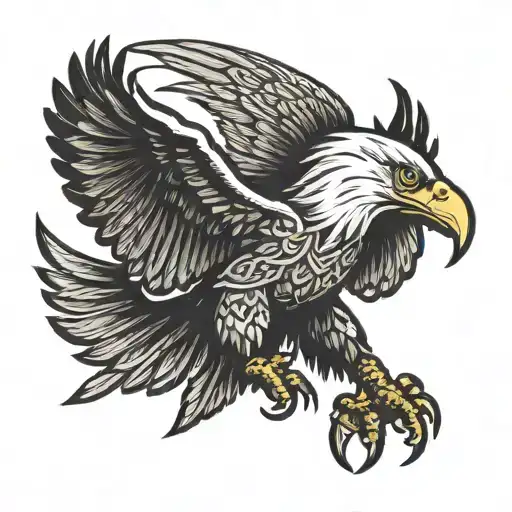 makau fish hook crossed with a jambiya knife with an American eagle with spread wings holding them  tattoo design idea