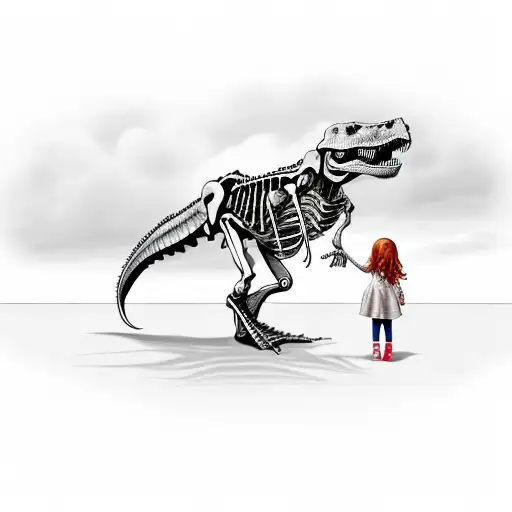 a t Rex Skeleton and a little Girl leading the Dinosaur on a leash  tattoo design idea