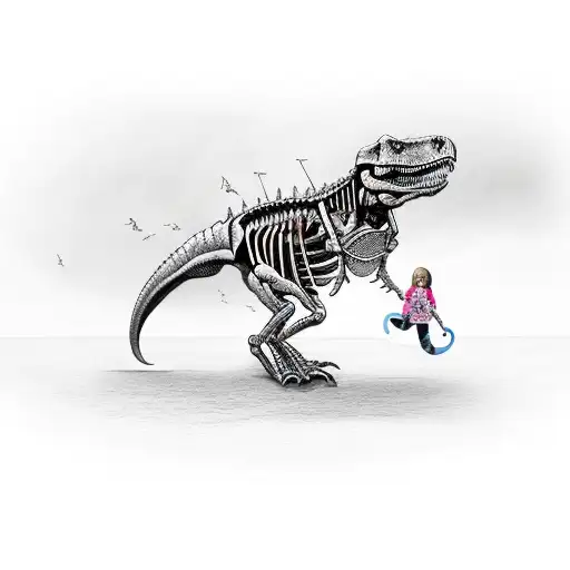 a t Rex Skeleton and a little Girl leading the Dinosaur on a leash  tattoo design idea