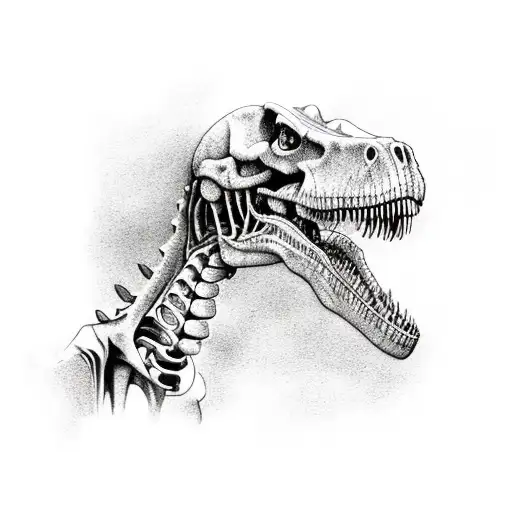 a t Rex Skeleton. and a little Girl WHO leads the Dinosaur on a leash  tattoo design idea