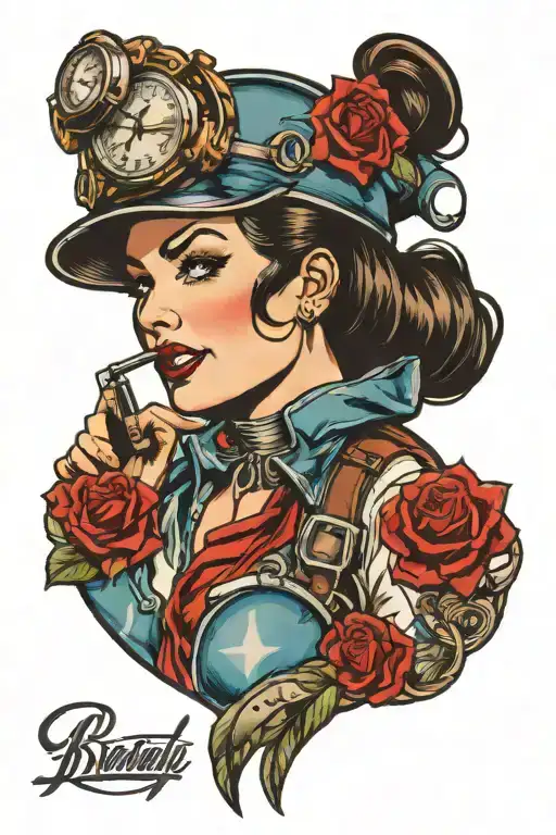 Pinup brunette engineer tattoo design idea