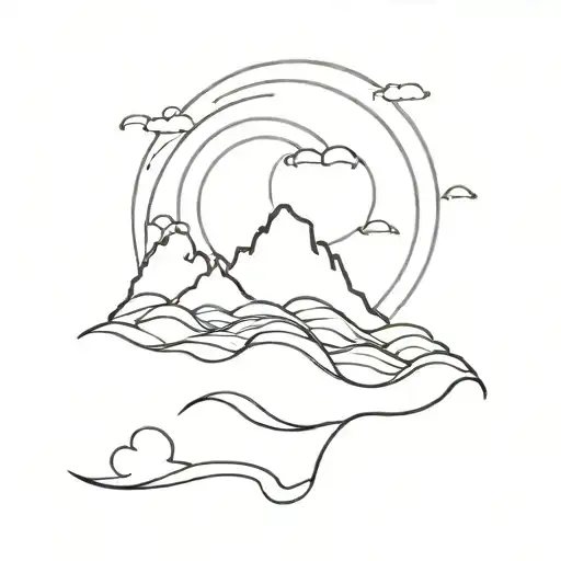 mountain ocean wave crashing sun rising sun tattoo design idea