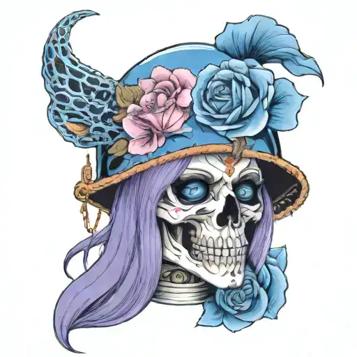 woman with blue eyes, violet hair, with a skull-shaped god helmet, with a blue rose on one side, tattoo design idea
