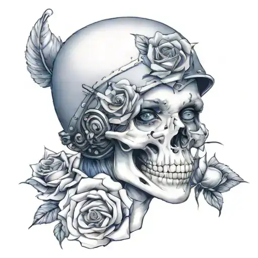 woman with blue eyes, violet hair, with a skull-shaped helmet, with a blue rose on one side, tattoo design idea