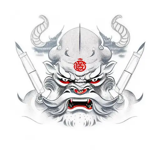 oni mask with katana background japan leaves tattoo design idea