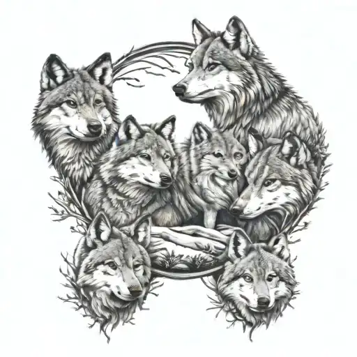 wolf and 3 cubs surrounded by forest scene tattoo design idea