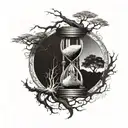 Hourglass and tree of life intertwined with intricate roots and sand flowing through the hourglass, symbolizing the passage of time and the cycle of life tattoo design idea