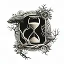 Hourglass and tree of life intertwined with intricate roots and sand flowing through the hourglass, symbolizing the passage of time and the cycle of life tattoo design idea