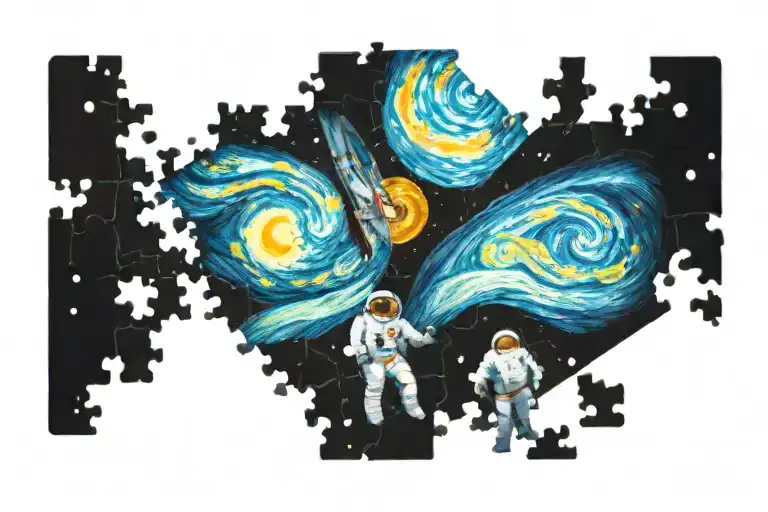 a puzzle that looks like van gogh's syarry night being put together by an astronaut. tattoo design idea