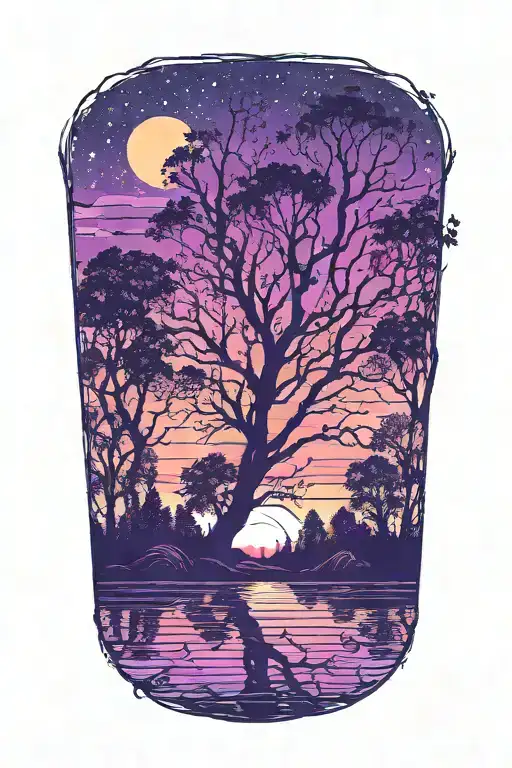 a dark silhouette foreground of trees and water over a colorful sunset background that has a galaxy tattoo design idea
