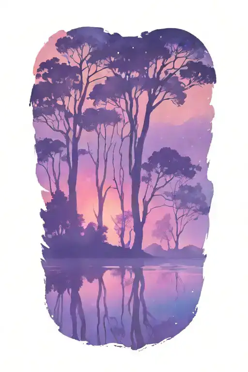 silhouette foreground of trees and water over a colorful sunset background that has a galaxy tattoo design idea