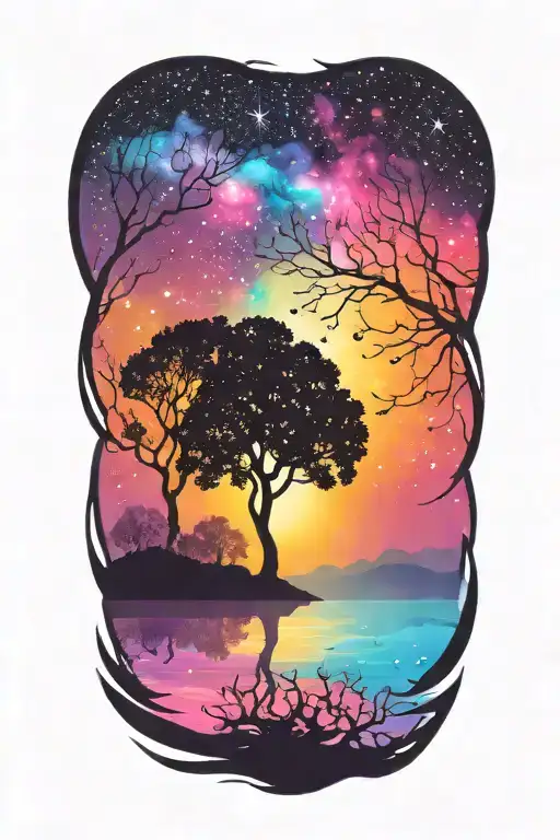 a silhouette landscape with water, trees,  over a bright colorful galaxy background  tattoo design idea