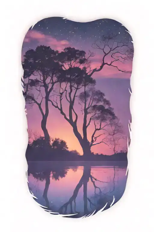 a dark silhouette foreground of trees and water over a colorful sunset background that has a galaxy tattoo design idea