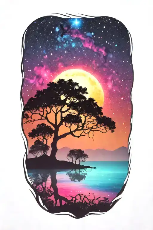 a silhouette landscape with water, trees,  over a bright colorful galaxy background  tattoo design idea