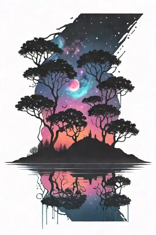 dark landscape with trees and water over a colorfu brightl galaxy background  tattoo design idea