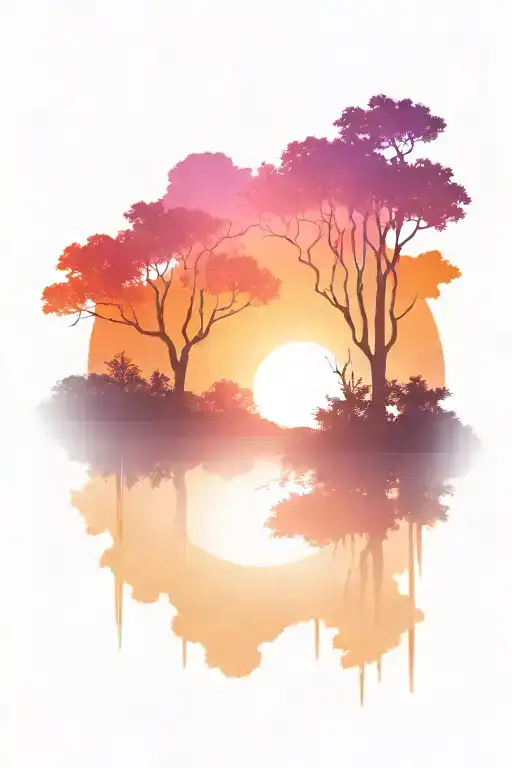 A silhouette foreground of trees over water with a colorful bright sky background that includes a galaxy  tattoo design idea