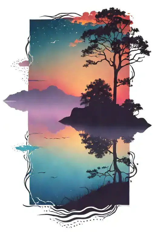 dark silhouette landscape and water over a colorful bright sunset galaxy background  tattoo design idea