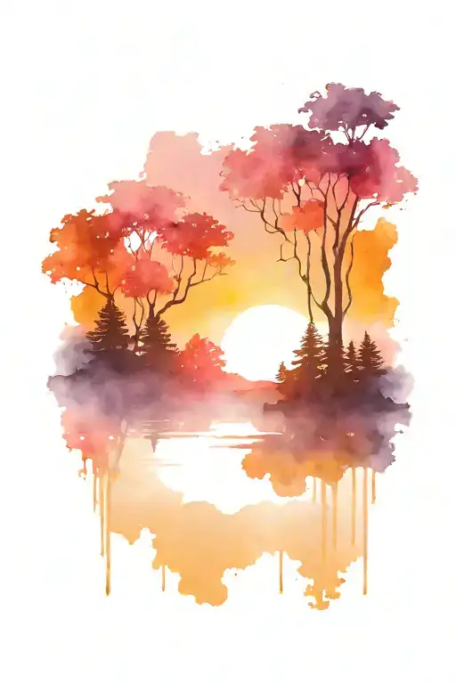 A dark silhouette foreground of trees over water with a colorful bright sky background that includes a galaxy  tattoo design idea