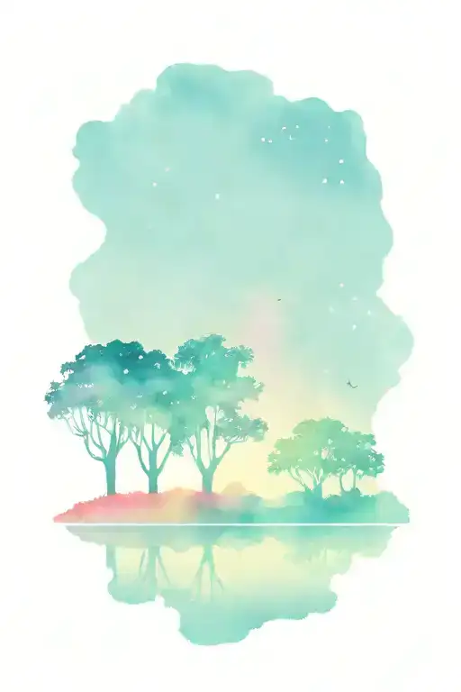 A dark silhouette foreground of trees over water with a colorful bright sky background that includes a galaxy tattoo design idea