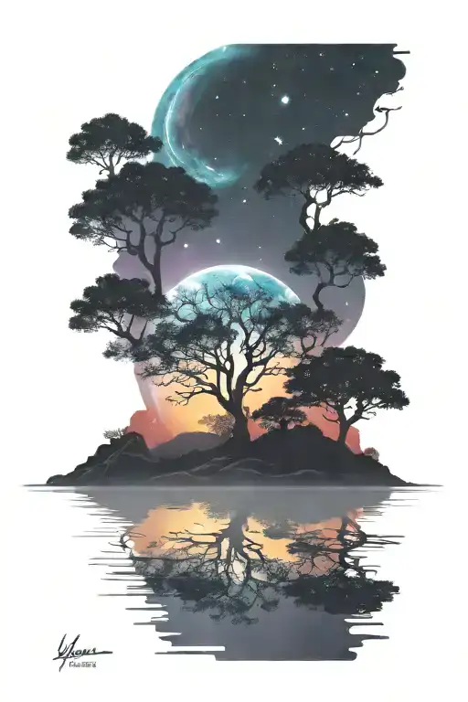dark landscape with trees and water over a colorful galaxy background  tattoo design idea