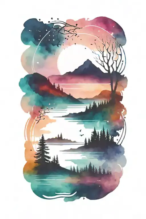 dark silhouette landscape and water over a colorfu brightl galaxy background  tattoo design idea