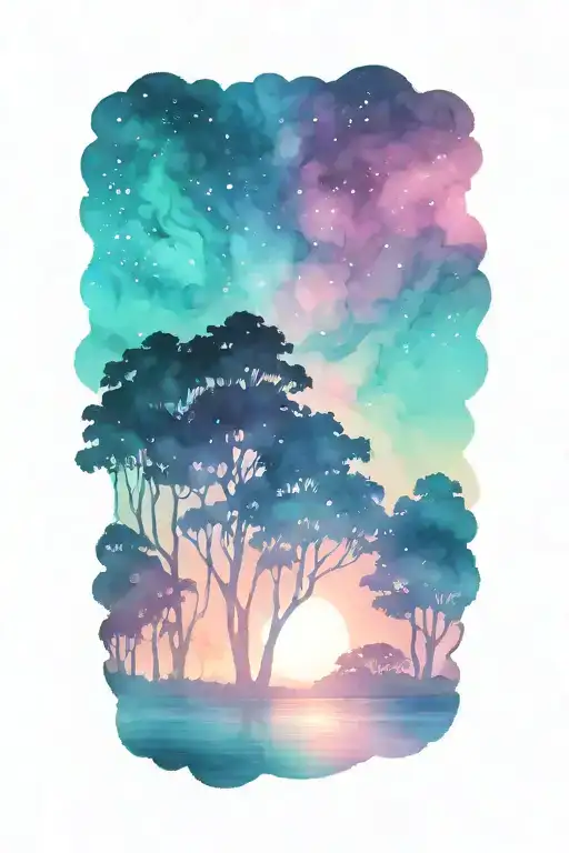 silhouette foreground of trees and water over a colorful sunset background that has a galaxy tattoo design idea