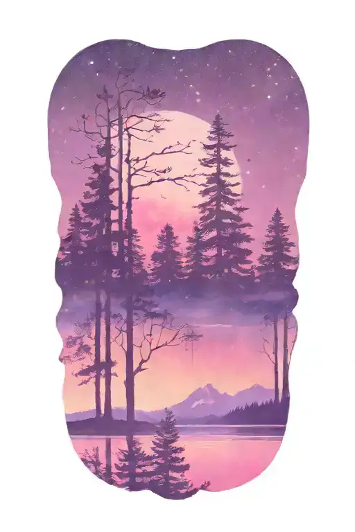 a dark silhouette foreground of pine trees and water over a bright colorful sky background that has mountains, a galaxy tattoo design idea