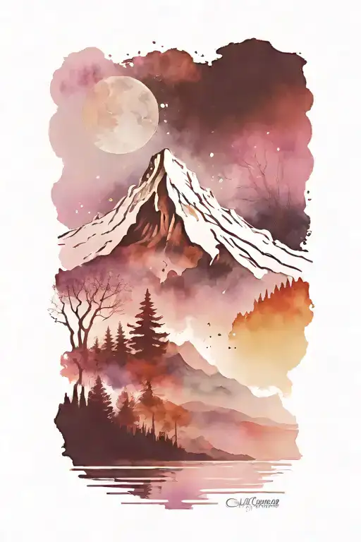 a dark landscape with water, trees, and a mountain peak over a galaxy background  tattoo design idea