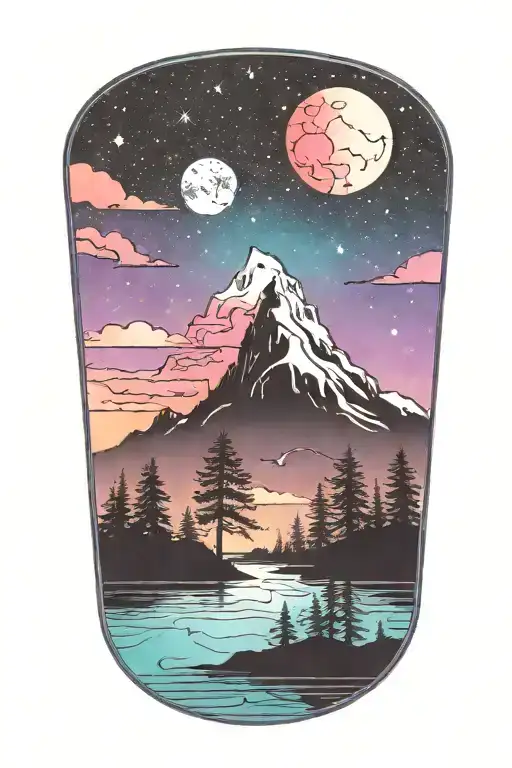 a silhouette landscape with water, trees, and a mountain peaks over a bright colorful galaxy background  tattoo design idea