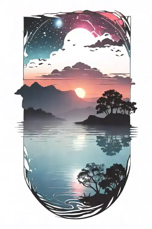 dark silhouette landscape and water over a colorful bright sunset galaxy background  tattoo design idea