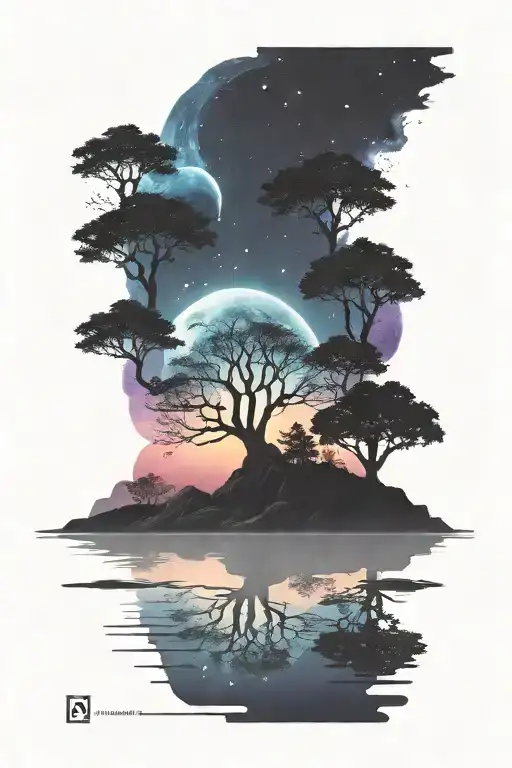 dark landscape with trees and water over a colorfu brightl galaxy background  tattoo design idea