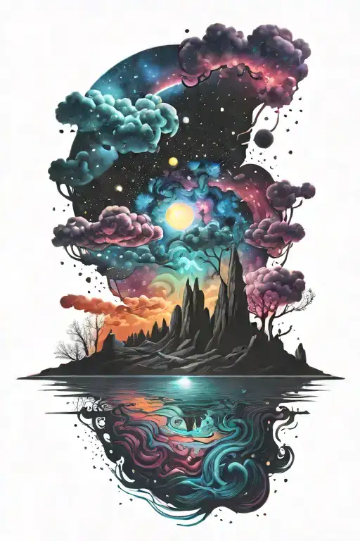 dark landscape and water over a colorfu brightl galaxy background  tattoo design idea