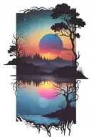 dark silhouette landscape and water over a colorful bright sunset galaxy background  tattoo design idea