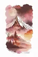 a dark landscape with water, trees, and a mountain peak over a galaxy background  tattoo design idea