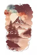 a dark landscape with water, trees, and a mountain peak over a galaxy background  tattoo design idea