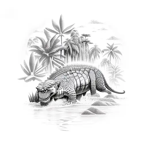 A backpacker exploring a jungle filled with crocodiles and hidden waterfalls tattoo design idea