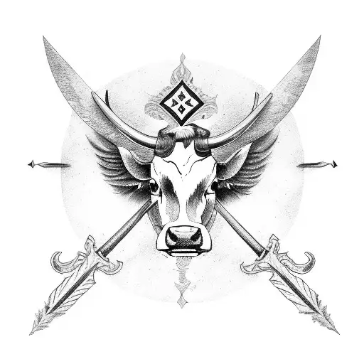 cow with sword cross and wings tattoo design idea