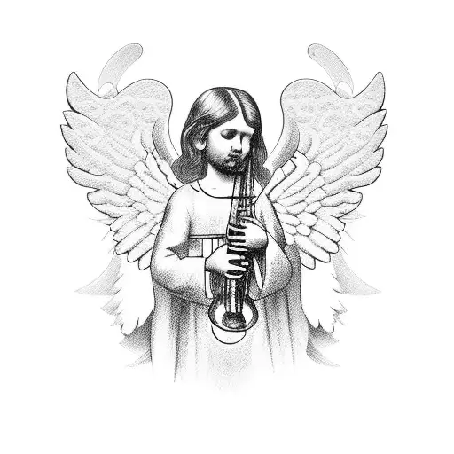 An angel playing a pagode instrument in front of a church tattoo design idea