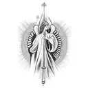 An angel playing a pagode instrument in front of a church tattoo design idea