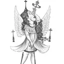 An angel playing a pagode instrument in front of a church tattoo design idea