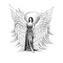 An angel playing a pagode instrument in front of a church tattoo design idea