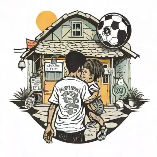Una favela de brazil que tenga un niño con un balón y arriba Dios de fondo  tattoo design idea
