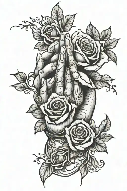 Prayer hands with roses growing tattoo design idea