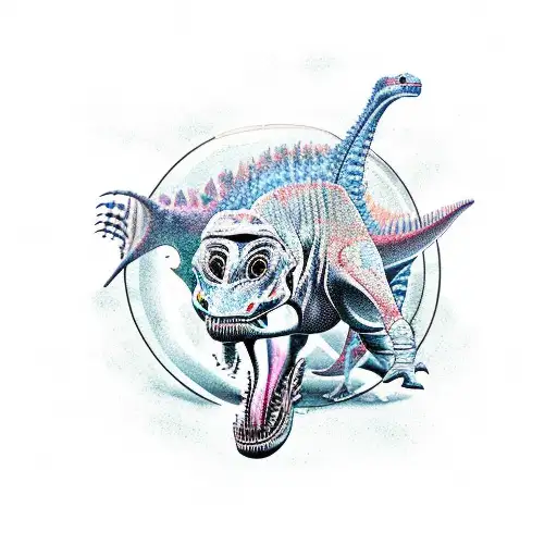 a line of dinosaurs being abducted by an alien tattoo design idea