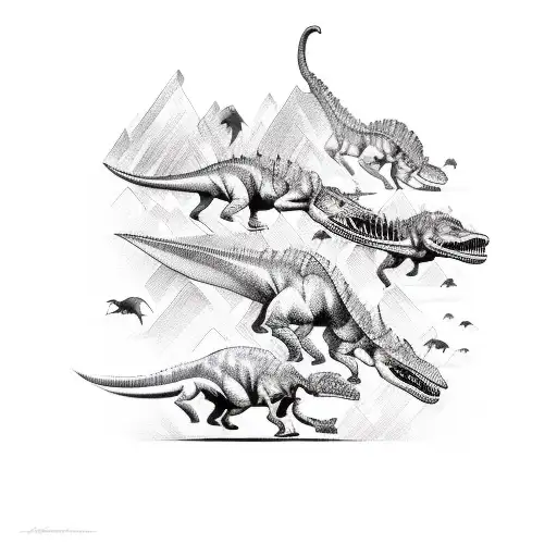 a line of dinosaurs being abducted by an alien tattoo design idea