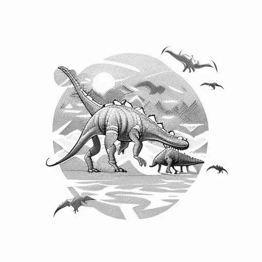 a line of dinosaurs being abducted by an aliens tattoo design idea