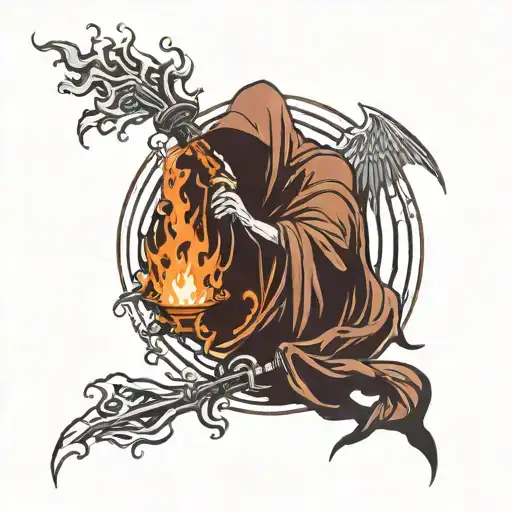 Hooded Reaper Silohuette, Smoke, Fire, Scary crying angel  tattoo design idea