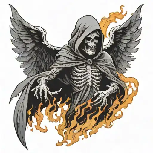 Hooded Reaper Silohuette, Smoke, Fire, Scary crying angel  tattoo design idea