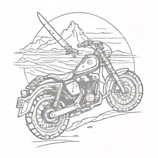 A sketch style tattoo of a motorcycle speeding through a desert landscape with a hunting knife as the bike's keychain tattoo design idea